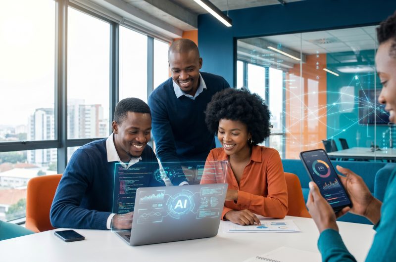 African beginners learning AI skills with laptop and smartphone in a modern workspace