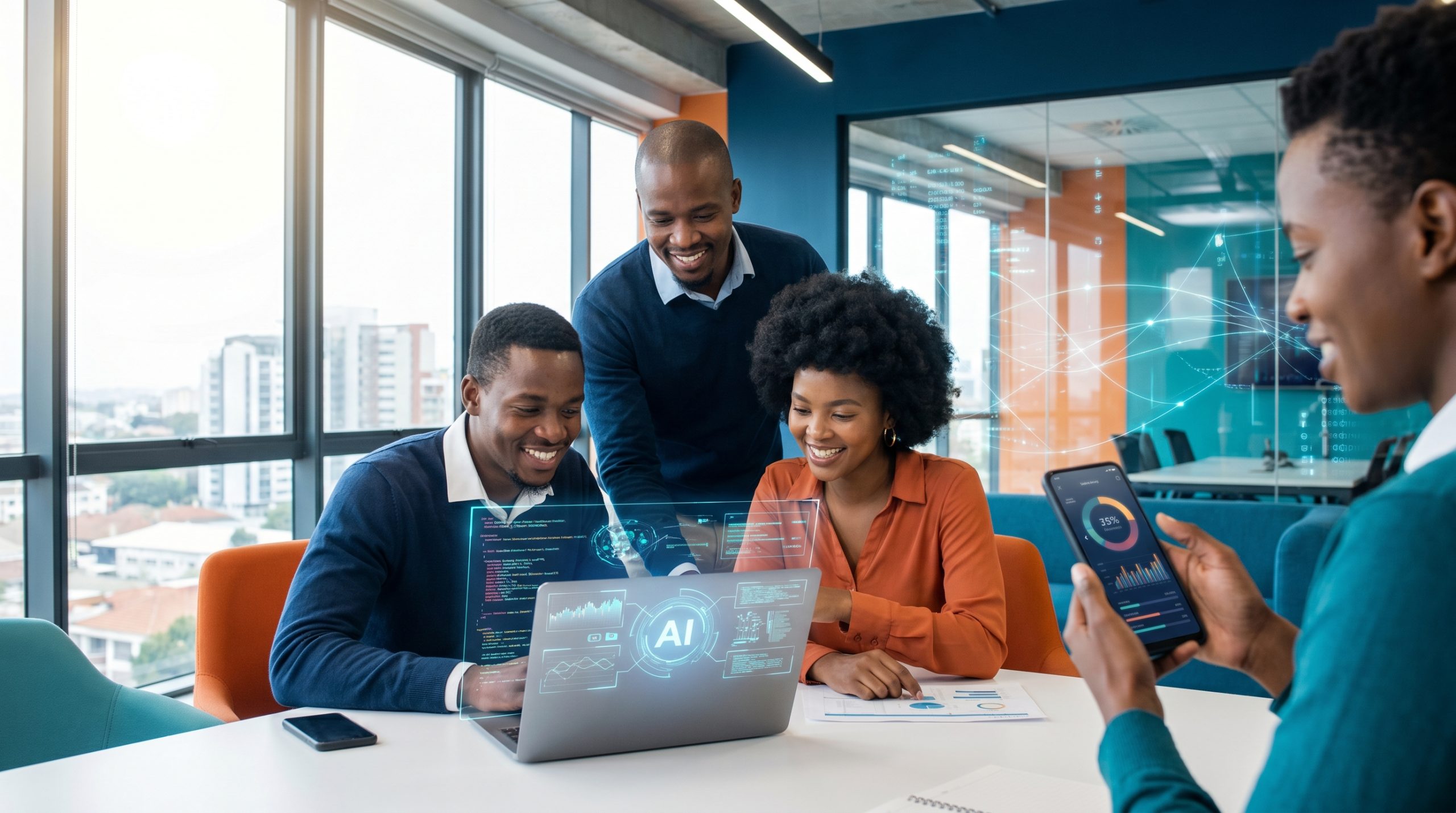 African beginners learning AI skills with laptop and smartphone in a modern workspace