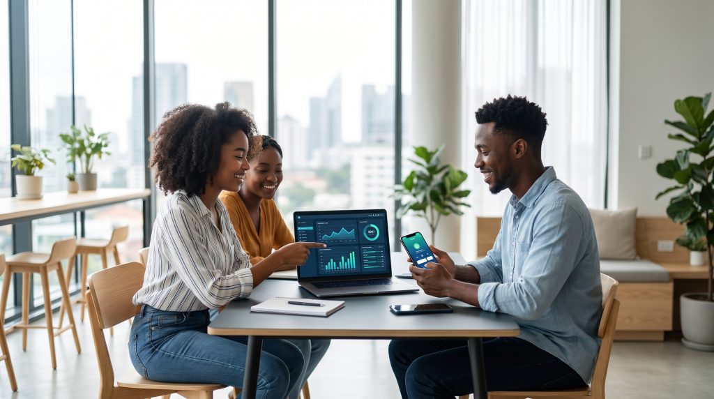 African beginners learning AI skills with laptop and smartphone in a modern workspace